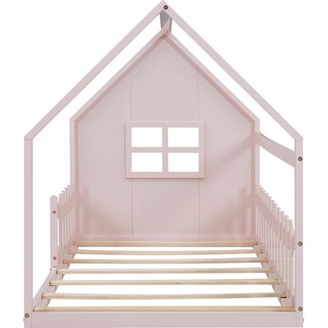Letto per bambini 90 x 200 cm a forma di casa rosa in pino e MDF (1/5)