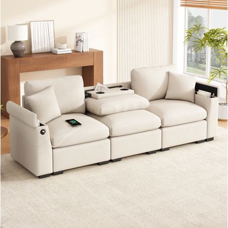 3-Sitzer-Sofa 242x80x88 cm Beige Chenille mit Klapptisch, USB-Anschluss, Getränkehalter und Stauraum (1/5)