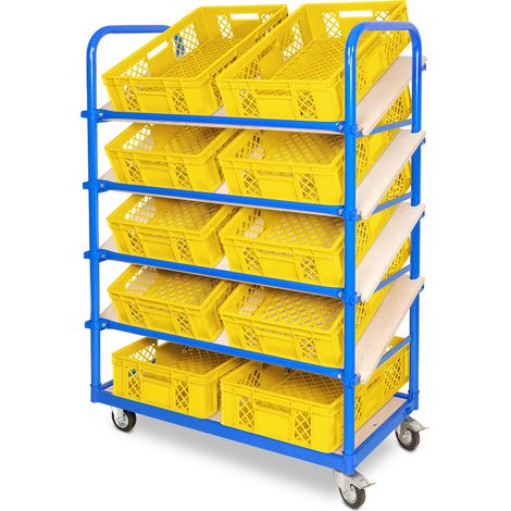 BRB Schrägboden-Regalwagen mit 5 Ebenen, bestückt mit 10 Euroboxen BxTxH 600x400x150 mm, durchbrochen, BxTxH 1050x500x1450 mm (gelb)