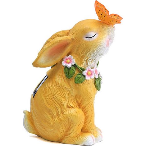 Statues de jardin solaires lapins avec papillons charge solaire peintes à la main en résine synthétique lumières jaunes (1/5)