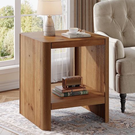 Tribesigns Table d'appoint en bois massif, table canapé avec étagère de rangement à 2 niveaux, petite table de chevet pour les petits espaces, salon, chambre(1, brun) (1/5)