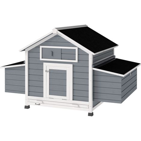 Gallinero madera extérieur 2 nidos bandeja extraíble perchas techo impermeable 150x100x96.5 cm gris