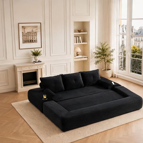 Canapé convertible 3 places en tissu cord noir avec rangements (1/5)