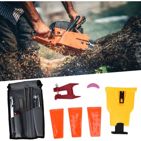 Le kit d'affûtage pour tronçonneuse comprend des limes de 5/32, 3/16 et 7/32 pouces, des pierres à aiguiser, des tourillons, des vis et des coins de bûcheronnage. (1/5)