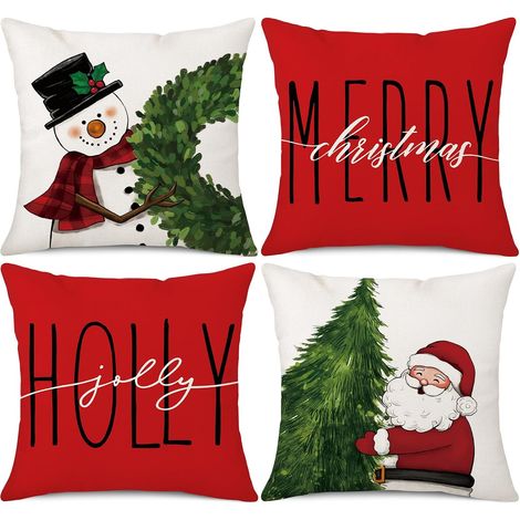 Fundas de cojín rojas navideñas, 45x45 cm, juego de 4, para decoración navideña: muñeco de nieve, Papá Noel, Feliz Navidad, fiestas de invierno. (1/5)