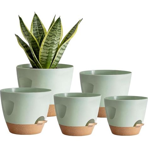 5 Pots de Fleurs à Arrosage Automatique, 17.8/16.5/15.2/13.9/12.7cm Pots à Fleurs avec Une Poignée, Auto-Arrosant avec Soucoupe de Fleur pour Plantes d'Intérieur, Fleurs, Cactus(Vert) (1/5)