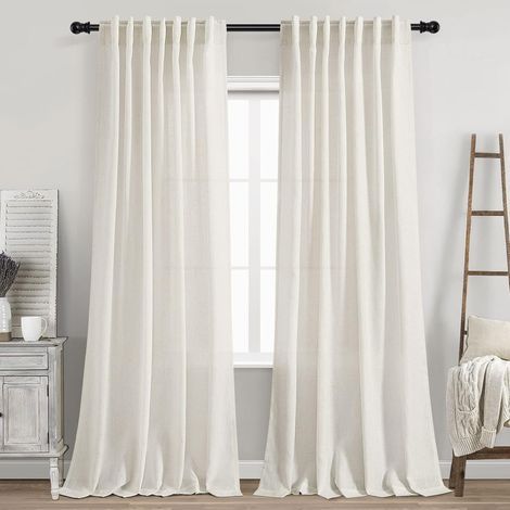 Rideaux en lin crème à languettes arrière, 84 pouces de long pour salon, lot de 2 panneaux, style ferme moderne neutre, rideaux en lin semi-transparents préservant l’intimité, aspect plissé élégant, c (1/5)