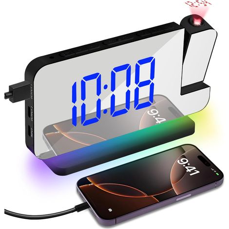 Réveil à Projection, Horloge Numérique LED Projection,Charge USB Reveil Projecteur Plafond avec Rotation à 180°,11 RVB Couleurs LED Affichage & 10 Couleurs Veilleuse pour Chambre,Bureau (Noir) (1/5)