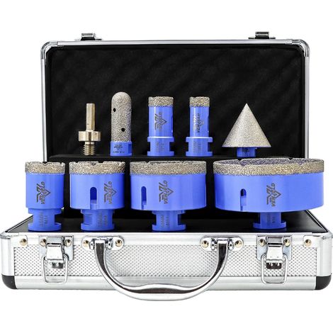 Foret Diamant Carrelage Boîte 9Pcs - 20/25/35/50/68/100mm Scie Cloche, 20mm Fraise, 50mm Mèche à chanfrein, Adaptateur pour Céramique Porcelaine Carrelage Granit Marbre (1/5)
