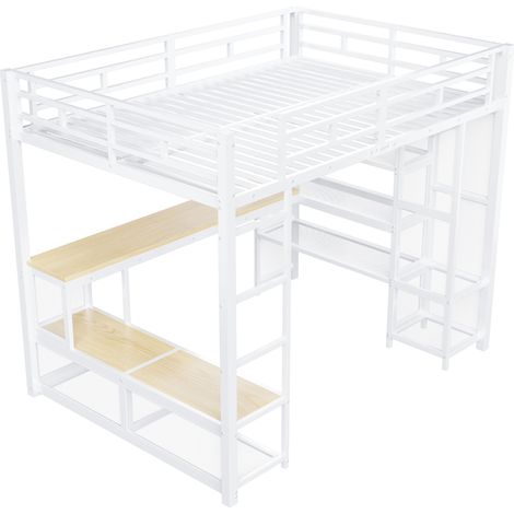 Lit mezzanine 140x200 cm blanc, avec bureau, armoire et éclairage LED