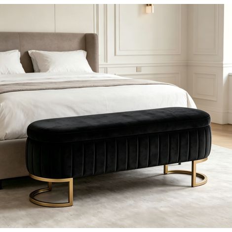 Banc coffre 129,5x42x46 cm en velours noir, avec rangement pour chambre FloraGrace (1/5)