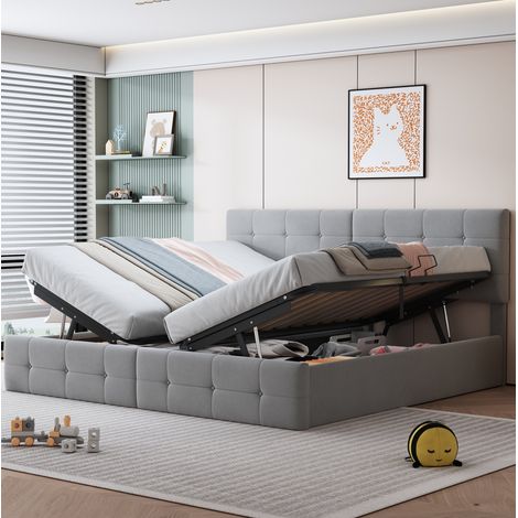 Cama tapizada 180/200 cm gris de MDF, metal y terciopelo con almacenaje hidráulico convertible (1/5)