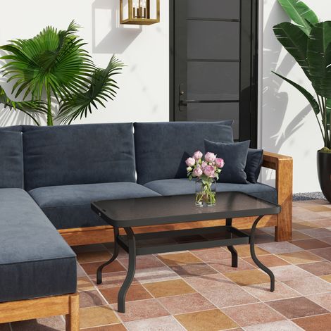 Beistelltisch Hartglas Kaffeetisch Couchtisch mit Wellendesign, Abgerundete Ecke Balkontisch 95x55 cm Schwarz
