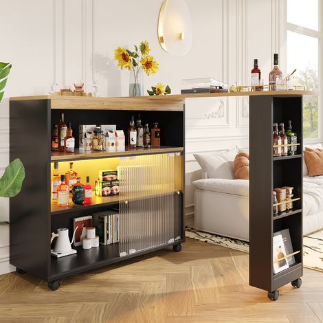 Bartisch MDF Schwarz ausziehbar 138-204x39x105 cm mit Stauraum, LED und Rollen (1/5)