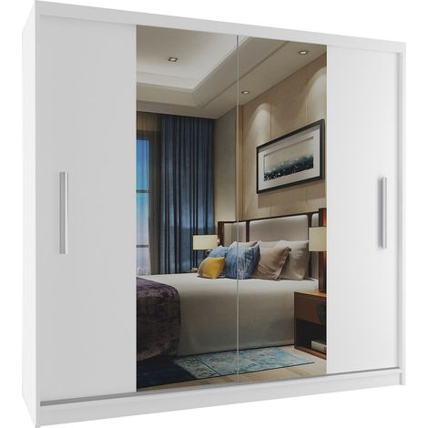 BELINI Grande Armoire 2 Portes Coulissantes VERONA ME 200 cm - Miroir Intégré & Tringle - Chambre Adulte - Blanc Mat (1/5)