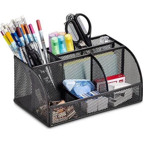 Boîte de rangement de bureau en maille avec porte-stylo, 7 compartiments, noire (1/3)
