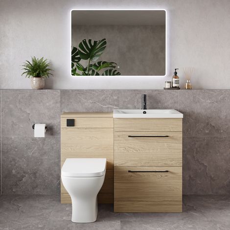 Napoli 460 Light Oak 1100mm 2 Drawer Vanity Unit Toilet Suite with Glide Basin - 1100mm - Matt Black 320mm HandleWith Kingston Toilet Pan and Seat