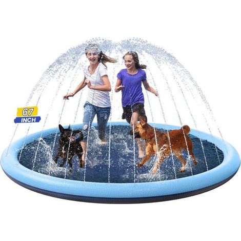 Wasserspielmatte für Hunde und Kinder – Spielmatte – Aufblasbar – Wassermatte – Rutschfestes, dickes Planschbecken mit Sprinkler – 170 cm – Blau