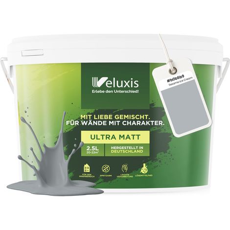 Wandfarbe Hellgrau Blau Grau Matt Innenfarbe – Deckkraft Klasse 1, VOC-frei, Ohne Grundierung, Tropfarm – Wohnzimmer & Schlafzimmer – 2,5L – Veluxis (Sesame Ice Cream)