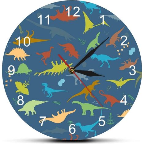 Horloge Murale Dinosaure Coloré Chiffres Arabes Personnalisée Prénom Moderne Décorative Chambre Enfant Réveil Mural Cadran Imprimé (1/5)