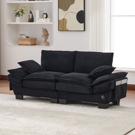 2-Sitzer Cordsofa Schwarz mit USB-C Anschluss und Seitentaschen, Ergonomisches Modulares Sofa Couch für Wohnzimmer und Büro, 190x73x84 cm (1/5)