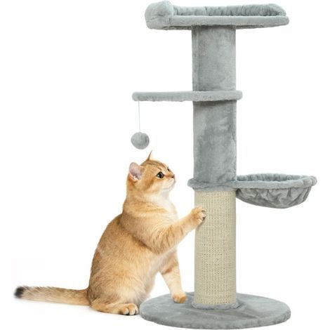 Cat tree with barrel-shaped scratching post, sisal scratching mat, hammock, platform, toy ball, Ø 48 x 103.5 cm, light grey (1/5)