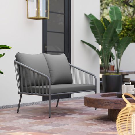 Gartensofa mit Kissen 2-Sitzer Rattan Sofa Lounge Sofa Outdoor Balkon Sofa 112 x 72 x 76 cm Grau