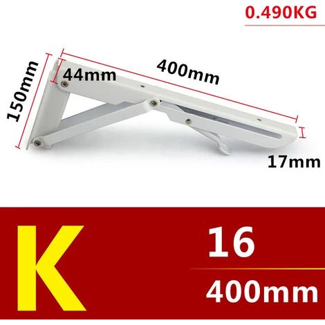 (K-16x2-Blanc-FR) Lot de 2 équerres triangulaires pliables blanches, réglables, à roulement à billes, pour étagères, tables et bancs. Support mural robuste et durable. (1/5)