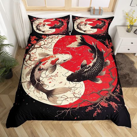 Parure de lit avec housse de couette de 135 x 200 cm, motif de poisson koi japonais, motif Yin Yang et fleurs de cerisier rouges et taïji chinois, noir, blanc, rouge (1/5)