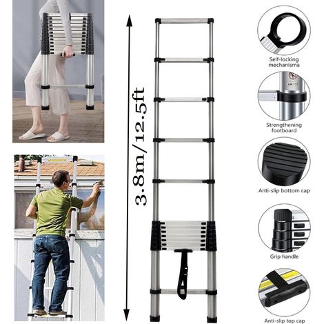 Teleskopleiter 3.8m Ausziehbare Loft Leiter, Klappleiter Stehleiter Rutschfester (1/5)