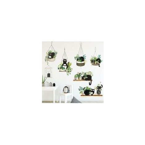 Plantes en Pot Vertes Cactus Sticker Mural Mignon Chat Noir Autocollants, Sticker Mural Bricolage Muraux Tropicaux Plante, Nature Fleurs Stickers muraux Papier Peint décoration (1/5)