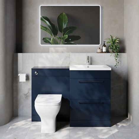 Napoli 460 Cento Deep Blue 1200mm 2 Drawer Vanity Unit Toilet Suite with Glide Basin - 1200mm - Chrome 320mm HandleWith Kingston Toilet Pan and Seat