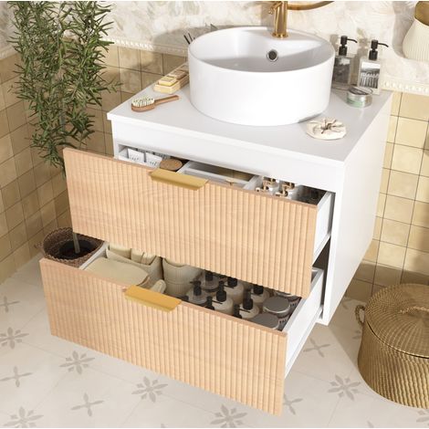 Meuble de salle de bains mural 60 cm en MDF blanc décor bois avec vasque ronde - CHICFURN (1/5)