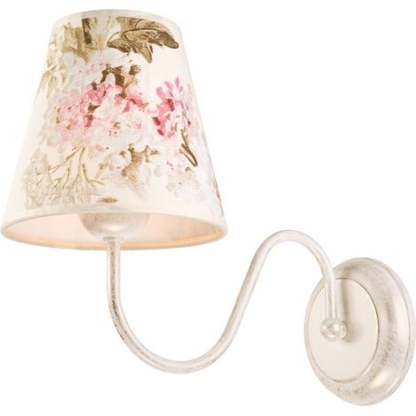 Wandlampe Floral Creme Weiß Rosa Stoffschirm Landhaus E27 Wandleuchte