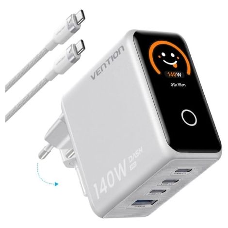Cargador de Pared GaN Vention TZ-FCOI0-EU/ 3xUSB Tipo-C + Cable USB Tipo-C/ 1xUSB/ 140W