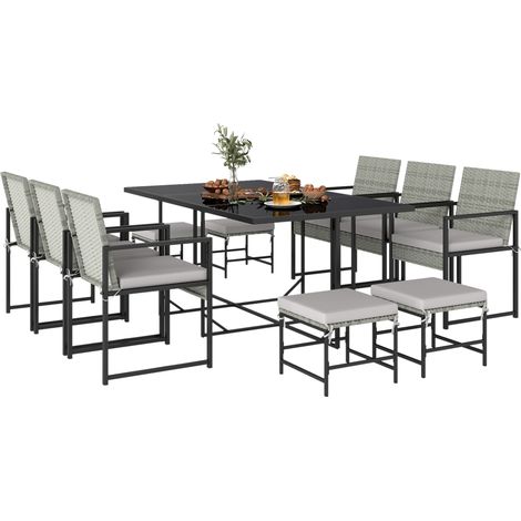 Polyrattan Gartenmöbel Set 11-teilig Essgruppe Outdoor Sitzgruppe mit 6 Sessel 4 Hocker Grau