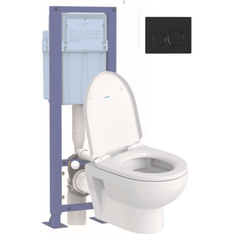 Pack cuvette WC suspendu sans bride compact DURAVIT DURAVIT NO. 1 + abattant frein de chute + bâti-support SIAMP + plaque noire