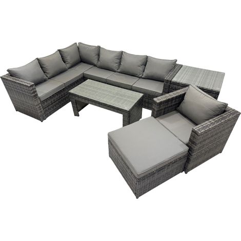 Fimous 6 Pieces Outdoor PE Rattan Garden Furniture Corner Sofa Oblong Coffee Table Set with Cushions Big Footstool Side Table Dark Grey Mixed (1/5)