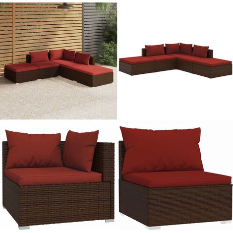 Salon de jardin 5 pcs avec coussins résine tressée marron - Meubles De Jardin - Salon De Jardin - Set De Salon De Jardin - Mobilier Extérieur - Chaise Longue - Home & Living (1/5)