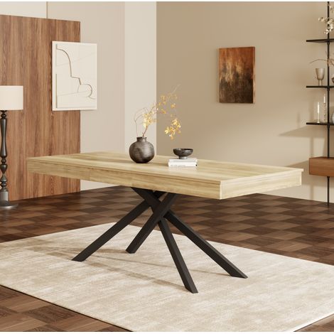 Table à manger extensible 140x80x76 cm chêne en MDF avec pieds croisés et plateau épais (1/5)