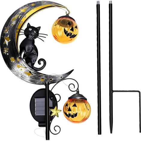 Lampe solaire en forme de citrouille avec chat noir, étanche, en fer forgé, pour jardin ou pelouse. (1/5)