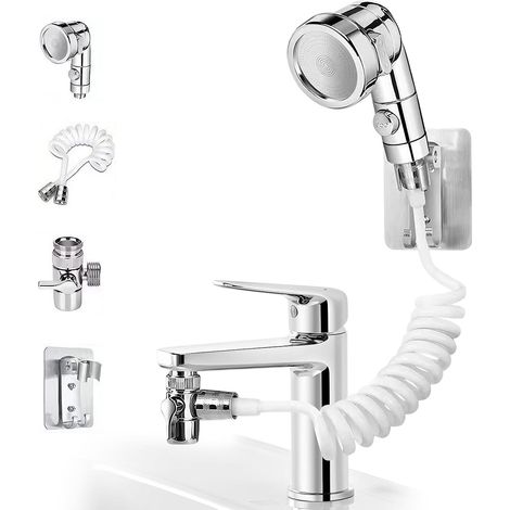 Douchette à main pour lavabo, douchette de lavabo, avec tuyau, 1,5 m, avec support, support de pommeau de douche et distributeur de robinet, robinet pour handicapés, personnes âgées (1/5)