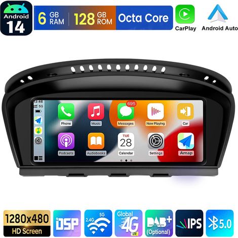 Autoradio Apple CarPlay Android 14 pour BMW Série 5 E60 E61 E90 GPS BT WIFI - 6+128G (1/5)