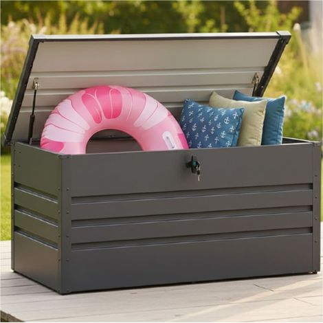 Coffre de Rangement Exterieur 400 L  Etanche  Métal (Acier galvanisé)  130 x 61 x 62 cm  Couleur Anthracite  Couvercle Rabattable  Coffre de Jardin  Ravigarden (1/5)