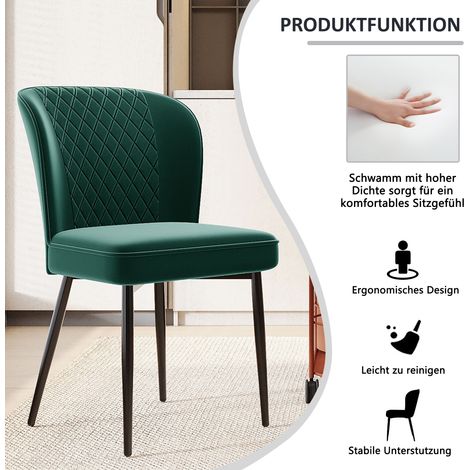 Chaise de Salle à Manger (Lot de 2), Vert Foncé, Fauteuil Design avec Dossier, Assise en Velours, Piètement en Métal (1/5)