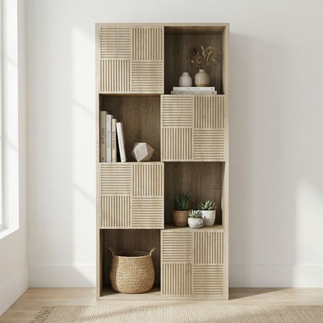 Bibliothèque, vitrine bois, meuble de rangement modulable pour salon et bureau, 8 casiers, portes à lattes, 125x60x30cm, Naturel