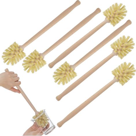 Set di 6 spazzole per la pulizia in legno di faggio a manico lungo, ideali per pulire tazze, bottiglie, barattoli, piatti, vasi, ecc., beige