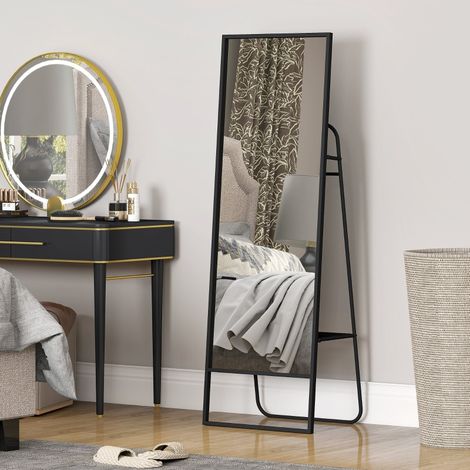 REDOM Specchio da terra 50x38x157 cm, ripiano posteriore e 2 ganci, telaio in metallo, vetro, nero