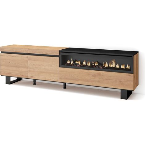 Skraut Home - Mueble TV, Televisión, Muebles de salón, almacenaje, 200x57x35cm, Para TV hasta 80", Chimenea eléctrica, Diseño industrial, Estilo Moderno, Roble y negro (1/5)