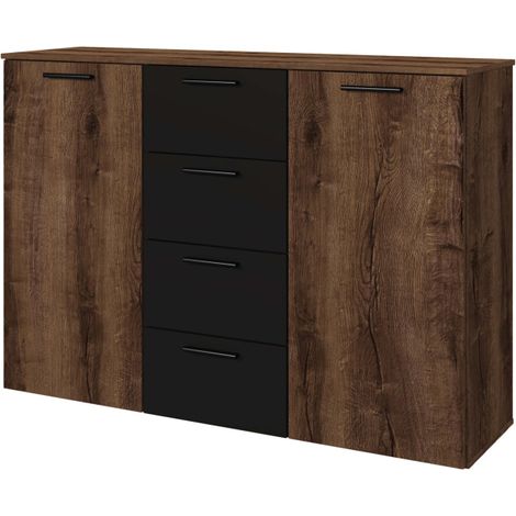Commode ORION 2 portes et 4 tiroirs - Chêne foncé / noir (1/5)